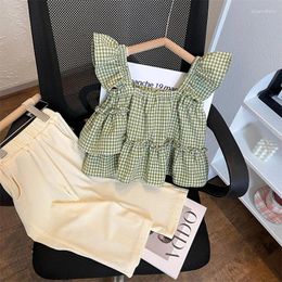 Clothing Sets Girls Princess Suits Children Baby Kids Sling Summer Sleeve Plaid Vest Straight Leg Pants 2Pcs