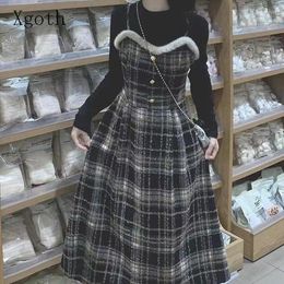 Casual Dresses French Vintage Wool Plaid Dress Autumn And Winter Slim Waist Mori Gentle First Love Strap Long Robe Argent Women Clothing