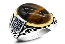 Genuine sterling silver antique Turkish ring with stone tiger eye men039s colorful punk rock jewelry7048970