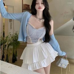 Work Dresses Sexy Summer 3 Piece Sets Lace Patchwork Camis Vest Top&sun Protection Shirt Cardigan&Pleated White Mini Skirt Sweet Dress Suits