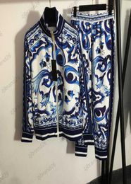 Womens Two Piece Pants Long Sleeve Zipper Collar Blue And White Porcelain Print Coat Tops Side Lettered Webbing Slacks Trousers Wo2234531