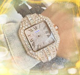 Square Roman Tank Men's Watch Shiny Starry Full Diamonds Ring Quartz Battery Core Military President Good Looking Stainless Steel Iced Out Watches montre de luxe