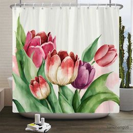 Shower Curtains Tulip Flowers Print Shower Curtains Watercolor Boho Floral Waterproof Polyester Bathroom Bathtub Curtain Room Decor