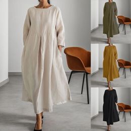 Elegant Soild Colour Cotton Linen Midi Dress Long Sleeve O Neck Loose Fit Pocket Sundress Casual Beach Party Robe 240422