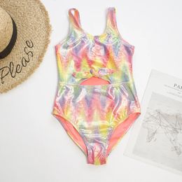 Girls Kids One Piece Swimwear Swimsuit Falbala Children Beachwear Swimming Bathing Suit Shinny Monokini 240415