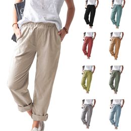 Spring and summer straight pants in Europe and the United States women's cotton and linen pants solid color casual elastic high waist straight pants female