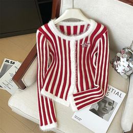 Women's Knits 2024 Red Striped Knitted Cardigan Women Plush Christmas Sweater Retro O Neck Korean Fashion Slim Design Lady Jumper Y2k Tops