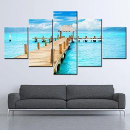 5 Piece Wooden Bridge Seascape Canvas Painting Cancun Landscape Picture Posters and Prints for Living Room Home Decor Wall Art