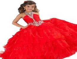 Whole Crystals Beaded Pageant Dresses For Teens Ball Gown Halter Puffy Ruffles Skirt Little Girls Pageant Gowns Gift Hoop9312784