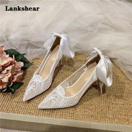 Dress Shoes White Lace Pointed-Toe High-Heeled Wedding Bridesmaid Bride Design Hollow Heel Ribbon Fairy Style