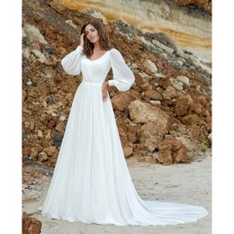 خط زفاف شيفون بسيط A Boho White Dresses Beach Bridal Dongs V-Deact Long Cleeves بالإضافة إلى حجم Robe de Mariage مصنوع