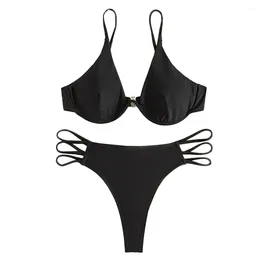 Women's Swimwear FS Women Black Micro Thong Bikini Set High Waisted Hollowed Out Bathing Suits Two Pieces Solid Colour 2024 Arrivals