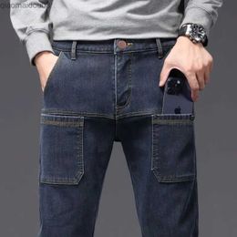 Men's Jeans Autumn and Winter Mens New Wool Thick Straight Jeans Solid Street Clothing Loose Version Multi Pocket Fashion Casual PantsL2404