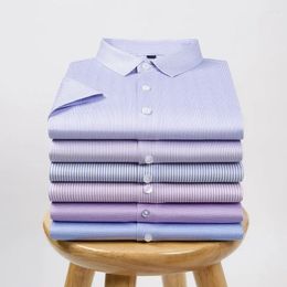 Men's Dress Shirts High Stretch Anti-Wrinkle Men Short Sleeves Quality Slim Fit Social Business Blouse Striped Shirt