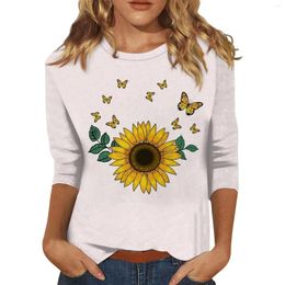 Women's T Shirts Cartoon Sunflower Print Shirt Women 3/4 Sleeve O Neck Loose Summer Tee Tops Camisetas Mujer