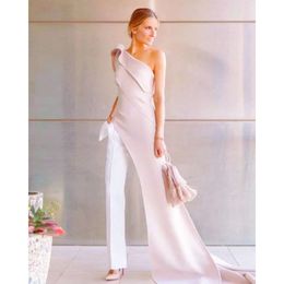 Satin Dresses Shoulder One Women Pants Evening Suit Formal Party Gowns Dusty Pink And White Jumpsuit Prom Pageant Special Ocn Wear Court Train