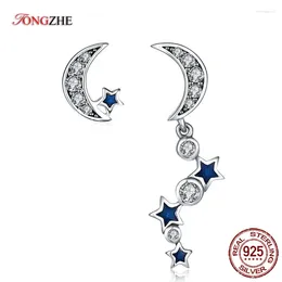 Stud Earrings TONGZHE Pure 925 Sterling Silver Charms Crescent Moon&Stars Blue CZ Crystal For Women Fine Jewellery