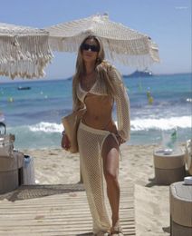 European And American Sexy Bikini Long Sleeved Cover Up Hollow Knitted Beach Ivory White Dress Two Piece