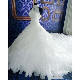 Kleider Vintage Kleid abgestuft Lange Rüschen Halter Ball Zugkapelle Hochzeitskleider maßgeschneiderte arabisch afrikanische Braut Kleid Vestidos de Novia S