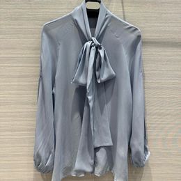 2024 Summer Blue Solid Color Ribbon Tie Bow Silk Blouse Shirt Long Sleeve Round Neck Classic Soie Top Shirts Z4A246976