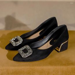 Dress Shoes 2024 Women 3cm 5cm High Heels Classic Designer Female Rhinestone Pointed Toe Pumps Lady Comfortable Black Work Suede