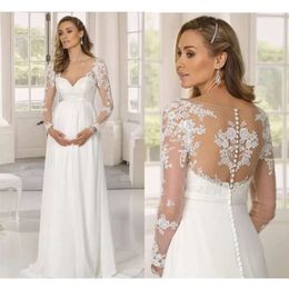 Chiffon For Pregnant A-Line Wedding Dresses Women Maternity Beach Boho Bridal Gowns Illusion Long Sleeves V-Neck Lace Appliques Empire Waist Vestido De Novia