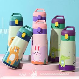 Kids Stainless Steel Straw Thermos Mug with Case Cartoon Leak-Proof Vacuum Flask Children Thermal Water Bottle Thermocup 240416