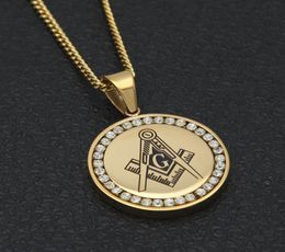 Men Mason Round Pendant Tag Stainless Steel With Clear Rhinestones Masonic Compass Square Symbol 24quot Cuban Chain Necklac1774394