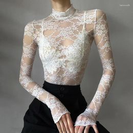 Women's T Shirts Women Elegant Sexy Solid White Long Sleeve Slim T-shirt Transparent Lace Crop Top Korean Fashion Y2k Aesthetic Tee