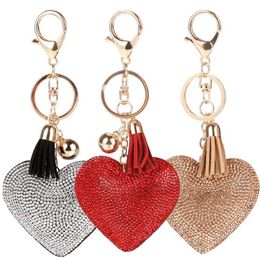 Keychains Lanyards Cute Full Rhinestone Heart Keychain Exquisite Tassel Pendant Keyrings Glitter Handbag Ornaments Key Holder Car Trinket Accessory