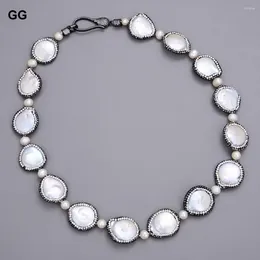 Pendant Necklaces GG 20" Natural Freshwater White Coin Pearl Round Black Macarsite Pave Necklace CZ Clasp