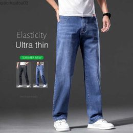 Men's Jeans Summer Mens Thin Loose Jeans Classic Straight Grey Blue Business Casual Elastic Cotton Denim Trousers Plus Size 42 44 46L2404