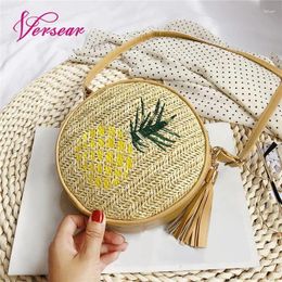 Drawstring Versear 2024 Women Round Straw Bags Leaf Pineapple Embroidered Boho Vintage Holiday Summer Beach Wild Casual Small Rattan Bag