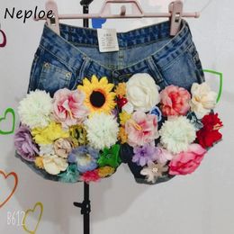 Women's Jeans Neploe High Waist Solid Color Wide Leg Pants Beading Heavy Stereo Flower Shorts Y2k Vetement Femme Pantalones Cortos