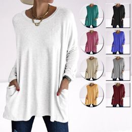 Solid Colour Vintage Pocket Oversized Tshirt Female Clothing Fashion Autumn Tunics Basic Y2k Top Women Long Sleeve T Shirt 240422