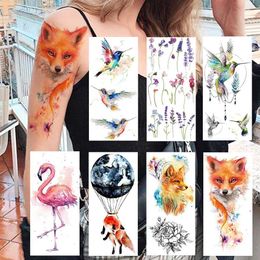 Tattoo Transfer Colorful Fox Hummingbird Temporary Tattoos Sticker Realistic Fake Jewelry Lavender Planets Tattoo For Women Sexy Body Art Tatoos 240427