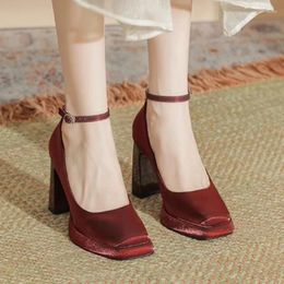 Dress Shoes 2024 High Quality Spring Women's Heels Pumps Mary Janes Platform Red Outdoors Square Head Wedding For Female