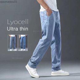 Men's Jeans Lyocell Ice Silk Jeans Mens Summer Ultra Thin Loose Straight denim Pants Soft and Comfortable Brand Mens Light Blue TrousersL2404
