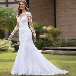 Ivory Crew Mermaid Neck Sleeve Elegant Long Dress Lace Appliques Church Wedding Gowns Illusion Back Button Bridal Dresses Robe De Mariage es