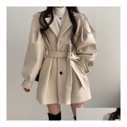 Womens Wool Blends 2023 Winter Women Elegant Turn-Down Collar Single Breasted Woolen Coat Vintage Slim Lantern Sleeve Solid Jacket Wit Dhfav