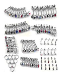 100pcs Set Punk Stainless Steel Crystal Tongue Belly Lip Eyebrow Nose Barbell Rings Body Piercing Jewelry 10 Styles Accessories9142584