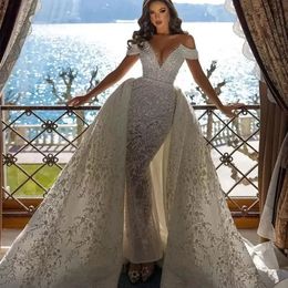 Arabic Beads Mermaid Wedding Dress with Detachable Train Off Shoulder Short Sleeve Bridal Gowns 3D Lace Appliques Bride robes de mariee