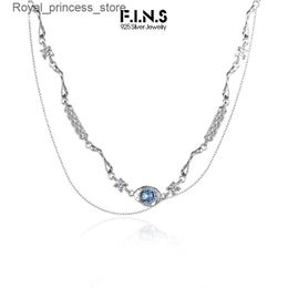 Pendant Necklaces F. I.N.S Korean Fashion S925 Pure Silver Blue Zircon Necklace Double layered Clavik Chain Luxury Wedding Party Exquisite Jewelry Q240426