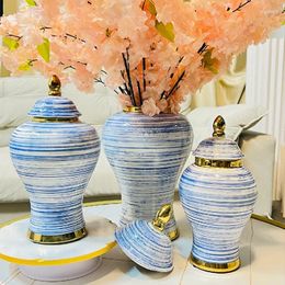 Vases Light Luxury Retro Electroplated Gold Handmade Blue Thread General Jar Vase Chinese Style Living Room El Foyer Decorati