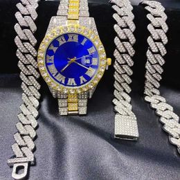 Strands 3 pieces of mens and womens same hip-hop calendar watch necklace bracelet Jewellery set sparkling gold silver diamond Cuban chain 240424