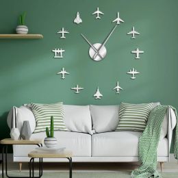Clocks Flying Plane Fighter Jet Large Wall Clock DIY 3D Acrylic Mirror Effect Sticker Airplane Silent Watch Aviator Home Decor