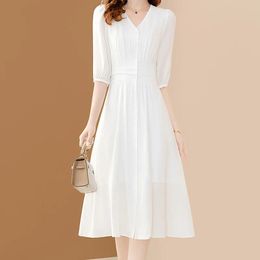 EVNISI Women Elegant White V-neck Chiffon Dress Chic Short Sleeve Office A-line Dresses Casual Fairy Vestido Summer 240424