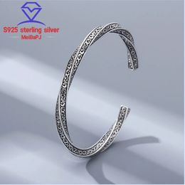 MeiBaPJ Real S925 Pure Silver Twisted Pattern Mens and Womens Open Thai Bracelet Trendy Boutique Gift 240424