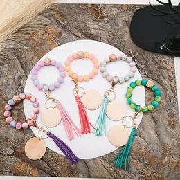 Tassel Bead String Bracelet Keychain Food Grade Silicone Beads Bracelets Women Girl Key Ring Wrist Strap