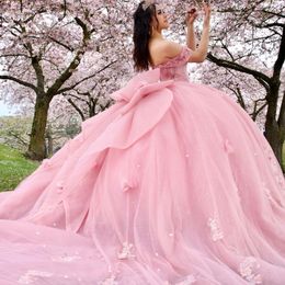 Mexican Vestido De 15 Anos Pink Charro Quinceanera Dresses Lace Appliques Beads Tull Corset Sweet 16 Dress Abiti Da Cerimonia